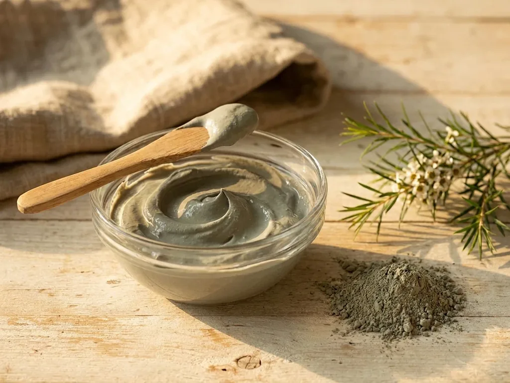 Grey-green bentonite clay mixed with water into a thick paste, with dry clay powder and a sprig of tea tree