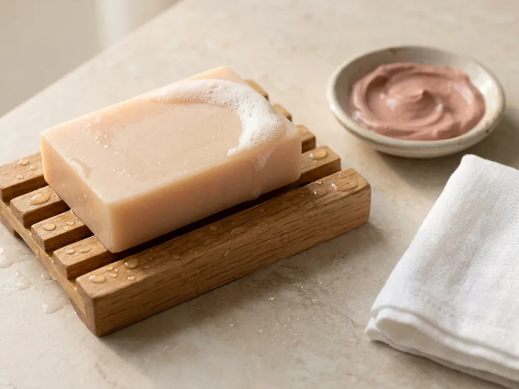 A wet handmade soap bar on a slatted wooden soap dish next to a small dish of pink clay paste and a white face cloth