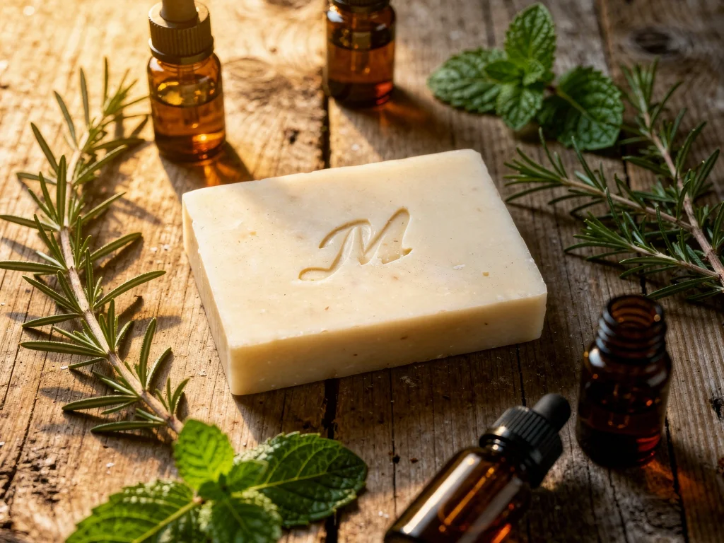 Rosemary and mint with essential oil bottles and handmade soap