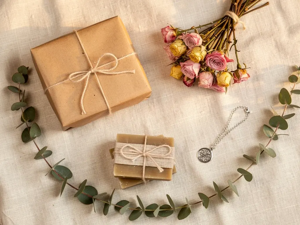 Mother's Day gifts wrapped in brown kraft paper and linen ribbon with dried roses