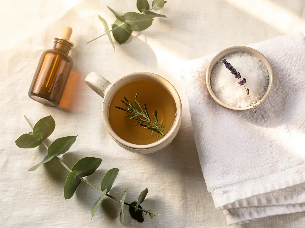 A quiet Cape Town winter morning ritual -- tea, bath salts, eucalyptus, and a folded linen towel